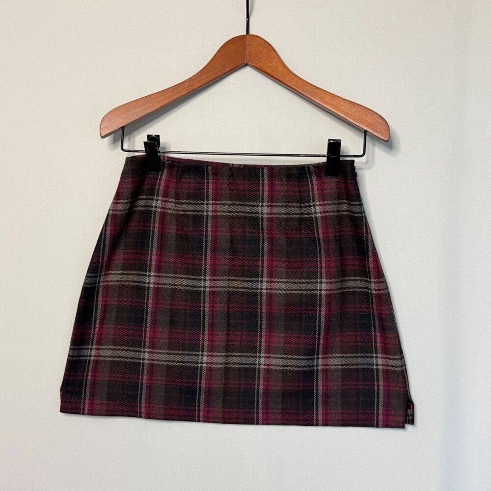 90s Vintage The Limited Made in Italy Burgundy Black Plaid Mini Skirt Size 6